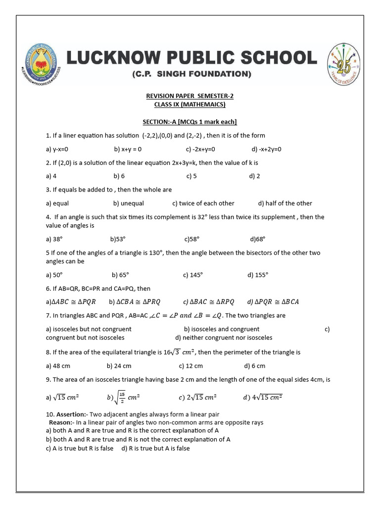 Semster 2 Revision Paper Set I | PDF | Triangle | Elementary Mathematics