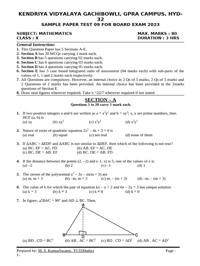 Class X Mathematics Sample Paper 2023 | PDF | Area | Circle