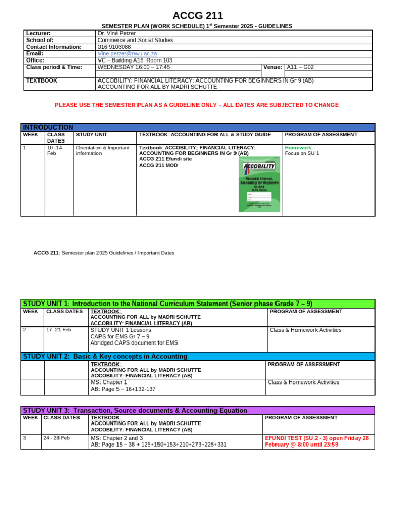 ACCG 211 Semester Plan 2025 Guide | PDF