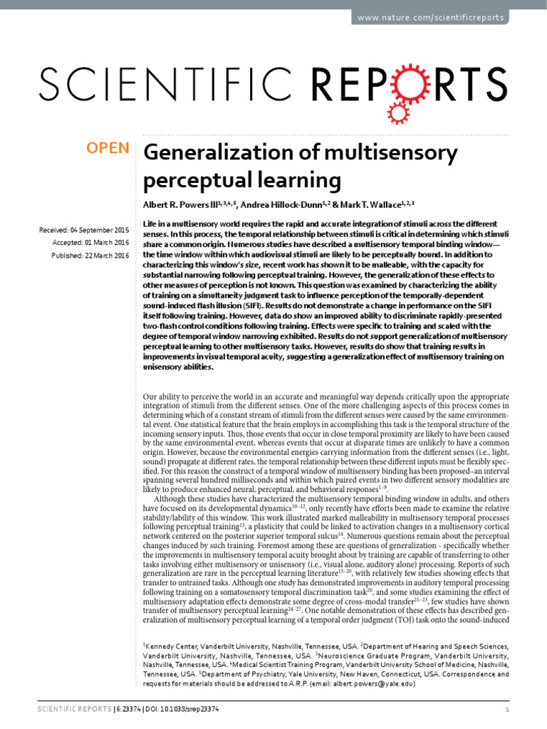 Multisensory Perceptual Learning Study | PDF | Perception | Senses