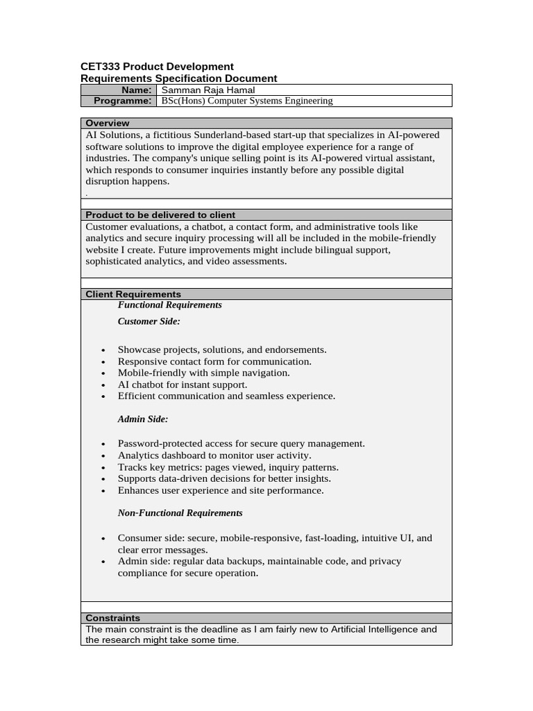 CET333 01 Requirements Specification Document-1 | PDF