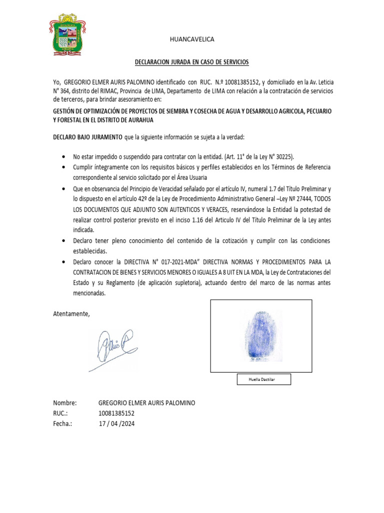 Declaración Jurada de Servicios Aurahua | PDF