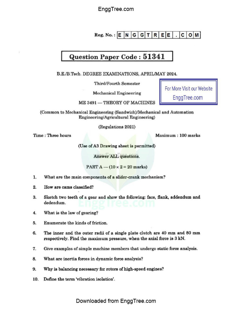 ME3491 Theory of Machines Question Paper | PDF