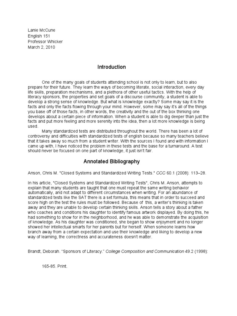 Annotated Bibliography | Literacy | Standardized Tests