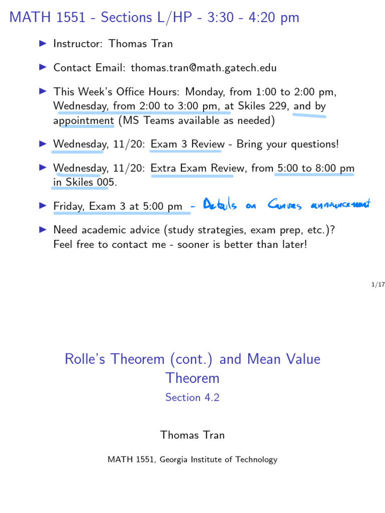 IVT and Rolle's Theorem in MATH 1551 | PDF | Zero Of A Function | Calculus