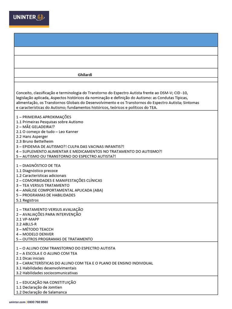 Plano de Ensino Transtorno Do Espectro Autista | PDF | Autismo | Psicologia