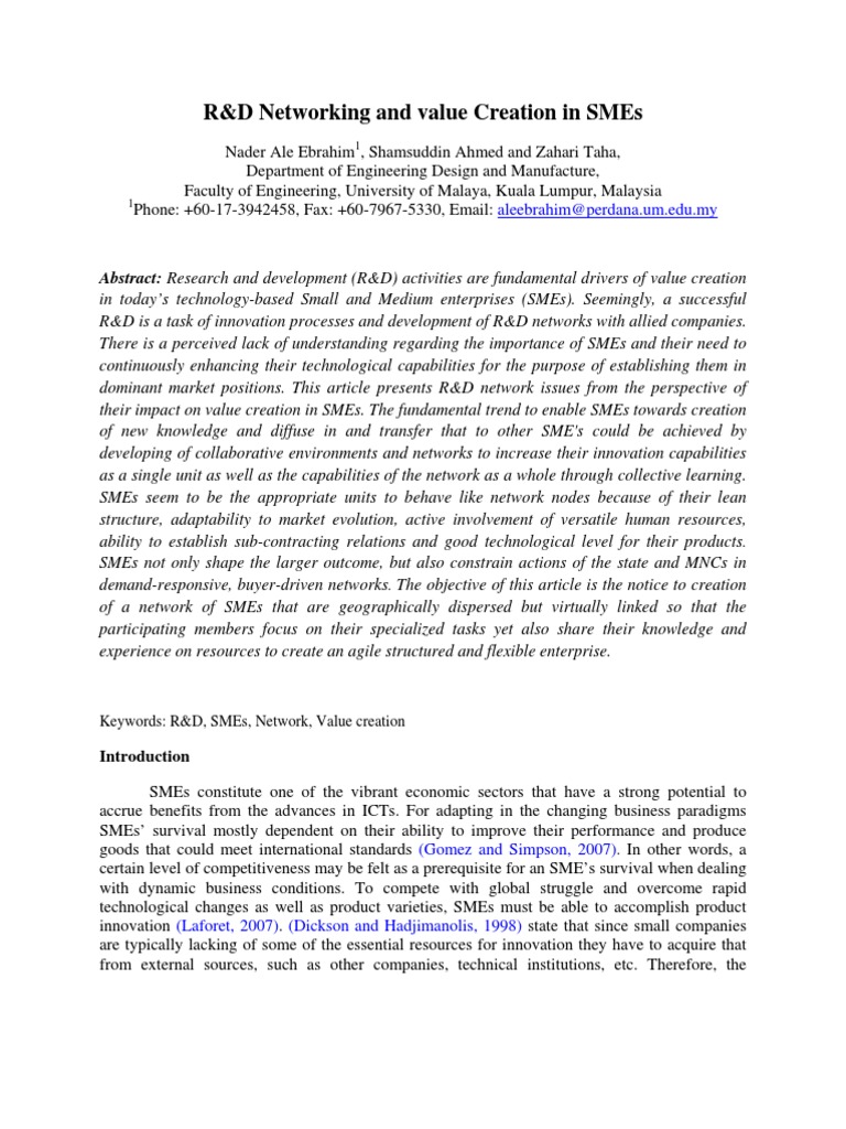 Nader - R&D Network and Value Creation in SMEs | PDF