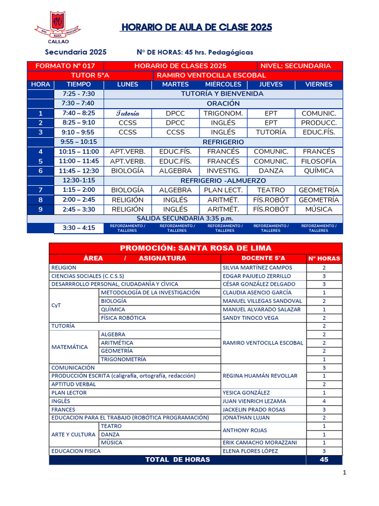 Horario Clases Secundaria 2025 | PDF | Matemáticas
