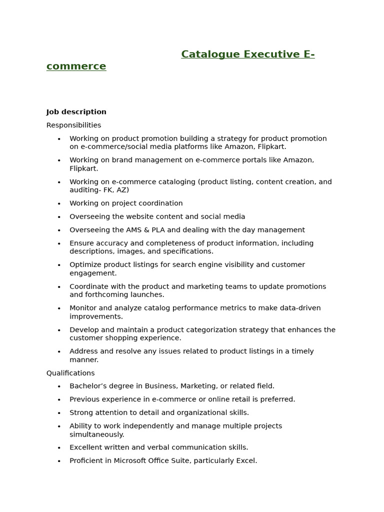 E-commerce Catalogue Executive Role | PDF