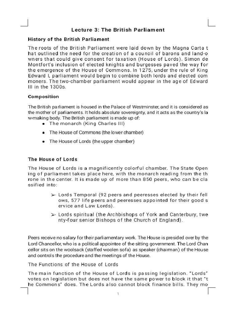 Lecture 3 The British Parliament - Phoenix | PDF