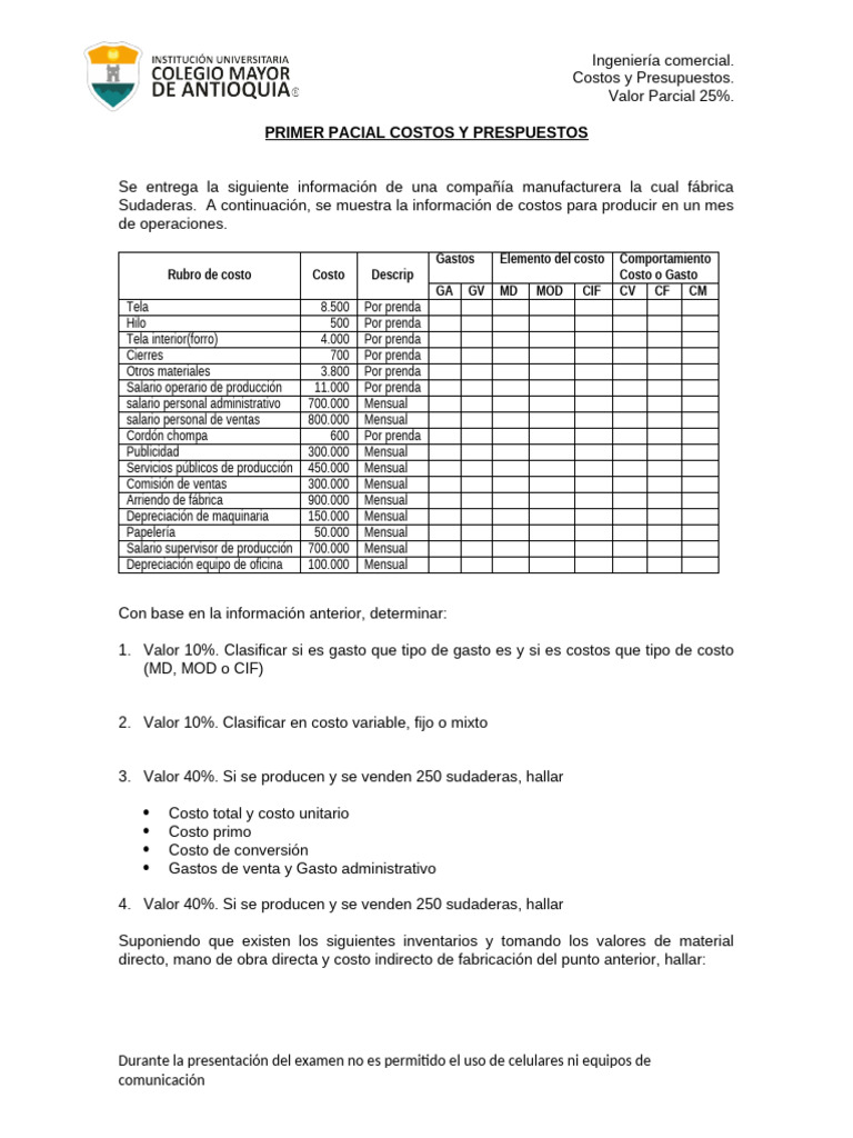 Parcial Costos y Presupuesto 2023-2 | PDF | Presupuesto | Economias