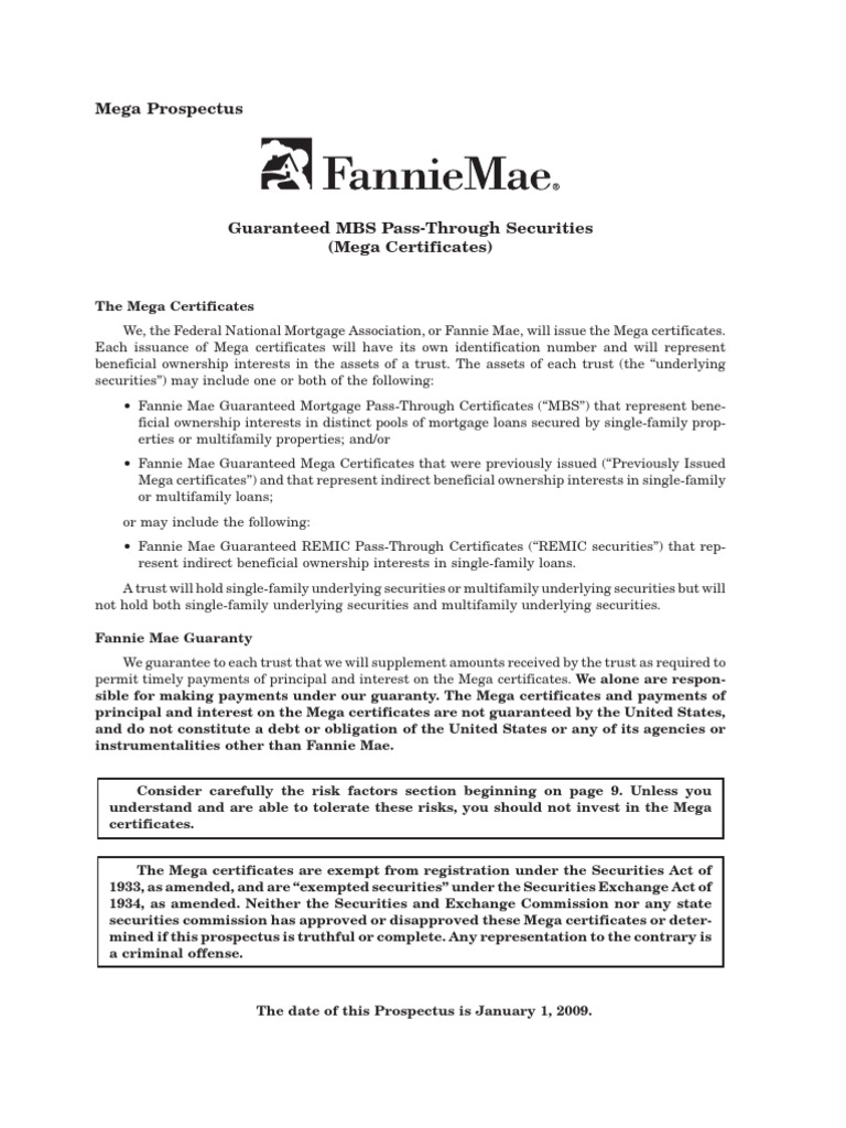 Fannie Mae MBS Prospectus PDF Mortgage Backed Security Securitization