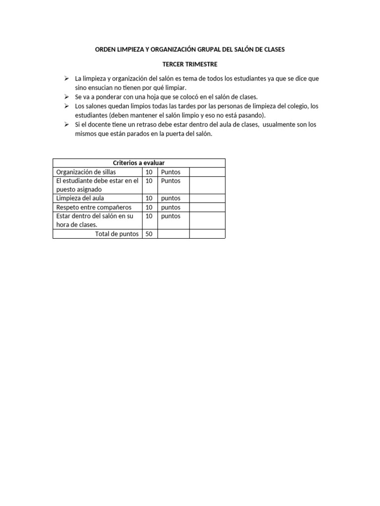Orden y Limpieza en el Aula | PDF