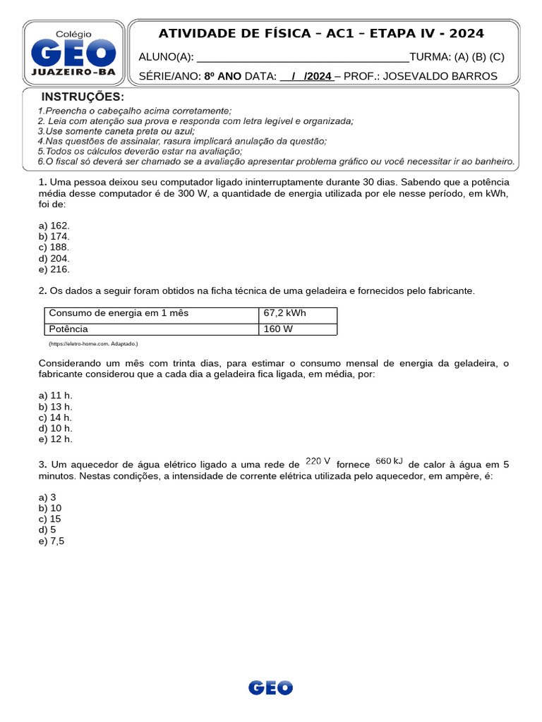 Exercícios de Física: Consumo de Energia 8º Ano | PDF | Chuveiro ...