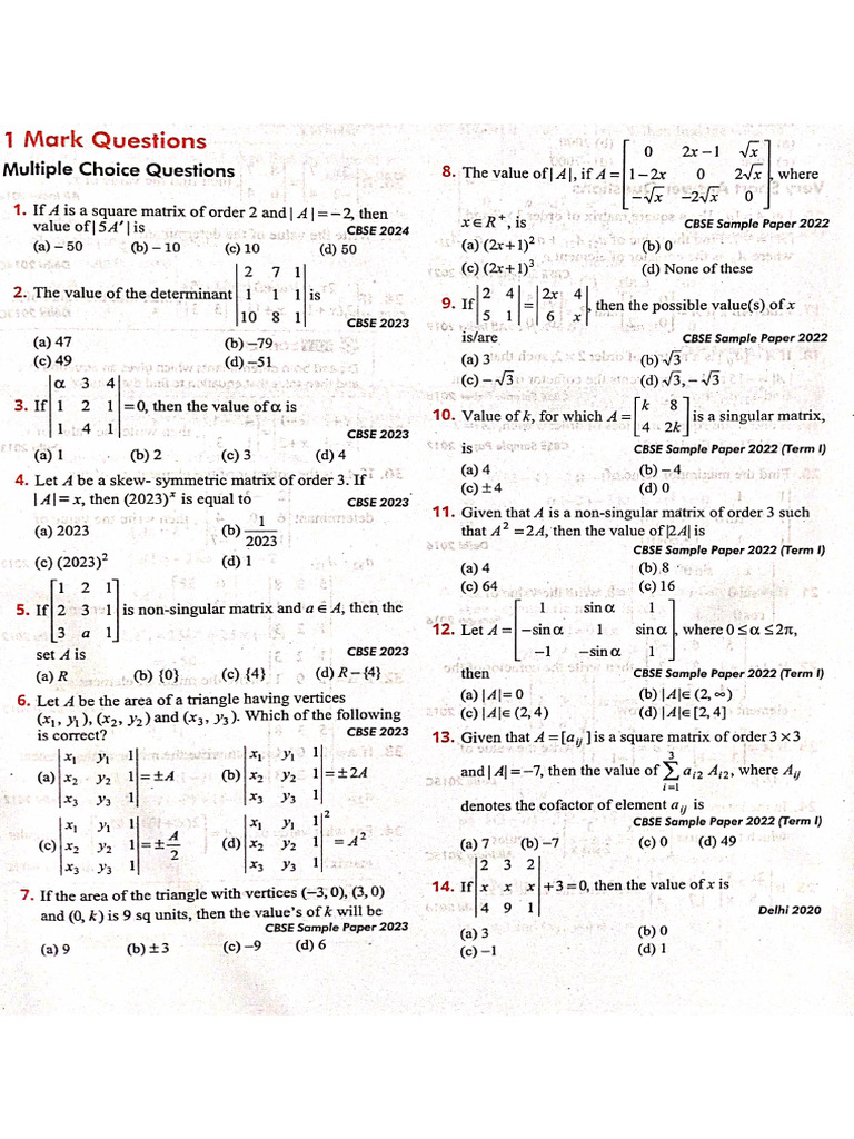 Determinants Pyqs Topic 1 & 2 | PDF