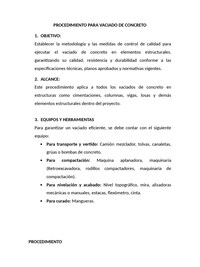 Procedimiento de Vaciado de Concreto | PDF | Hormigón | Ingeniero civil