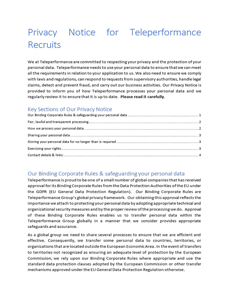 Teleperformance Privacy Notice for Recruits | PDF | Information Privacy ...
