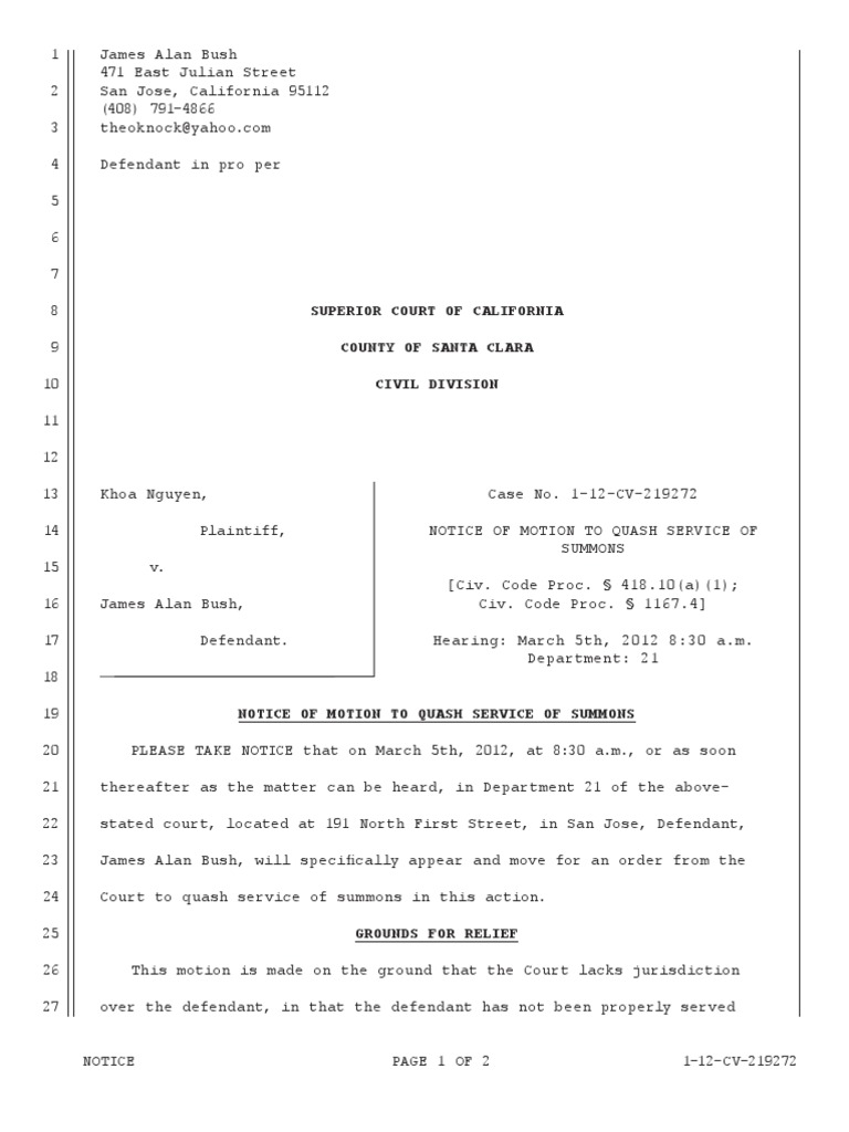Motion To Quash Service of Summons PDF Summons Complaint