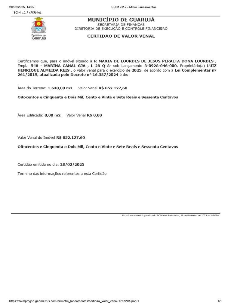 Certidão de Valor Venal 2025 Guarujá | PDF