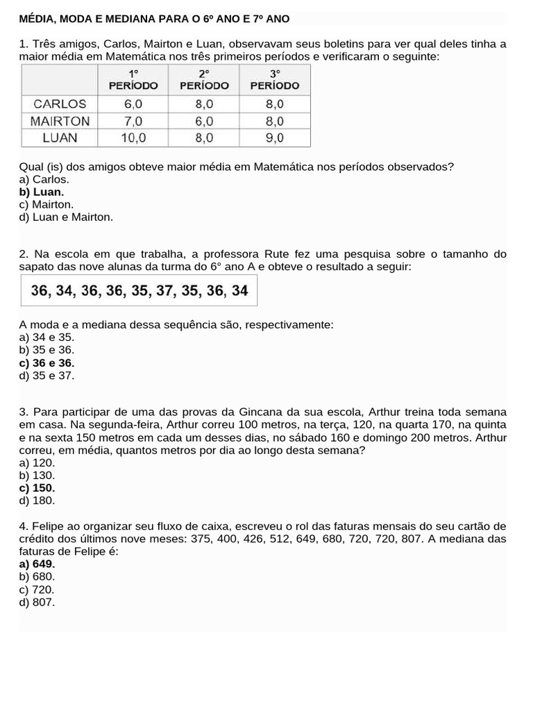 Média, Moda e Mediana para 6º e 7º Ano | PDF