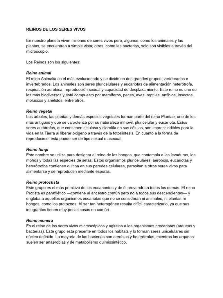 Los 5 Reinos de los Seres Vivos | PDF
