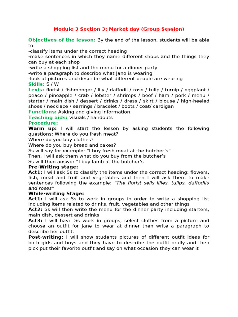 Market Day Lesson Plan Overview | PDF