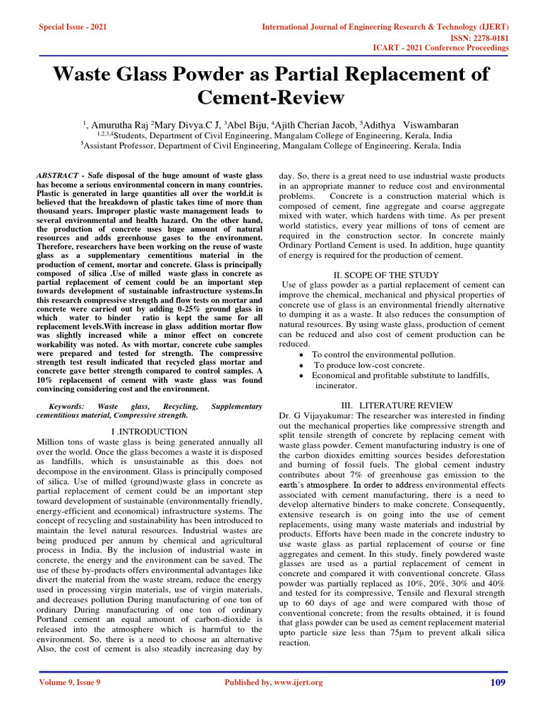 Waste Glass Powder in Cement Replacement | PDF | Concrete | Cement