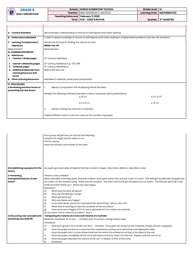 Grade 6 Math Lesson Plan: Volume of Cones | PDF | Volume | Area
