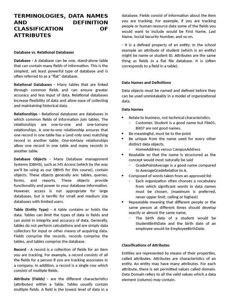 Database Terminology and Attributes Guide | PDF | Databases ...