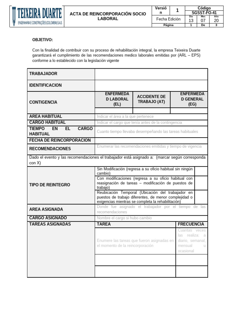 Acta de Reincorporación Laboral | PDF
