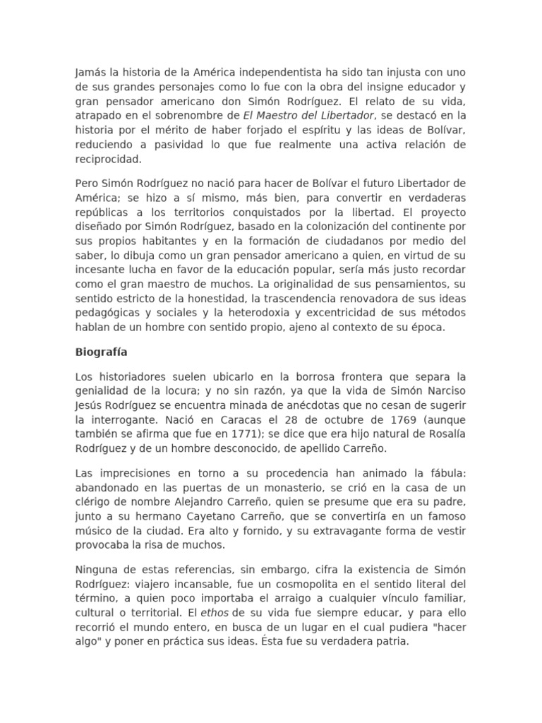 Simón Rodríguez: Educador y Pensador Americano | PDF