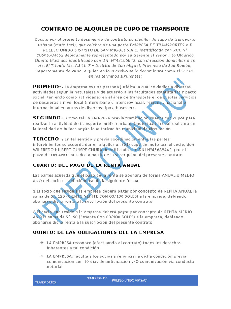 Contrato de Alquiler Moto Taxi Juliaca | PDF | Justicia | Crimen y ...