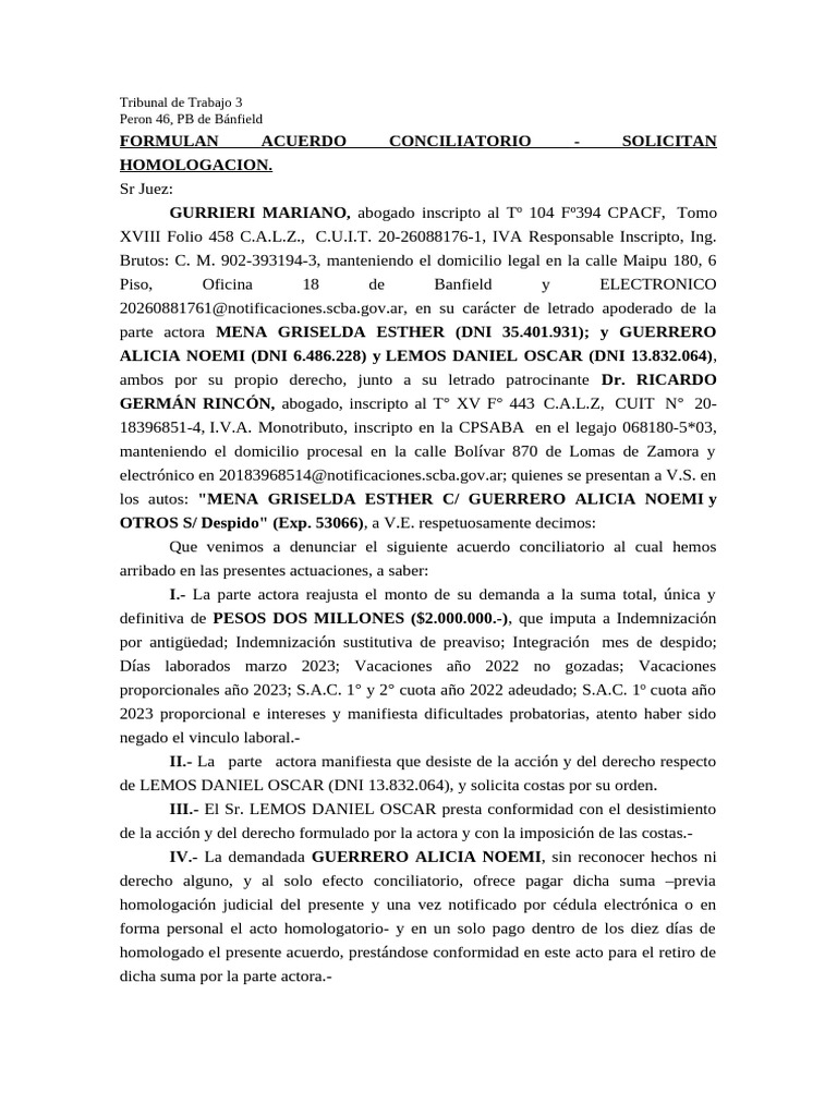 MENA C GUERRERO ... Acuerdo Conciliatorio | PDF | Justicia | Crimen y ...