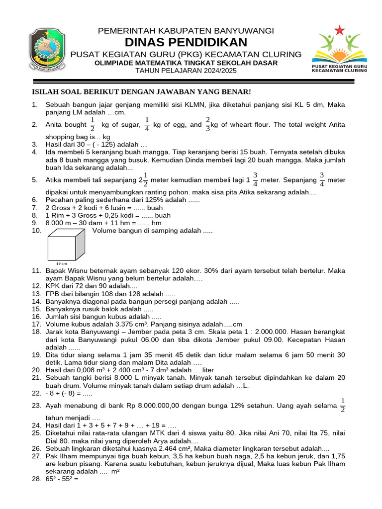 SOAL SELEKSI MTK_LOMBA MIPA Cluring 2024 | PDF
