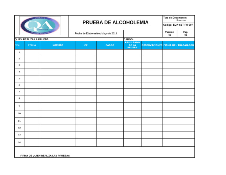 Formato De Prueba De Alcoholemia PDF