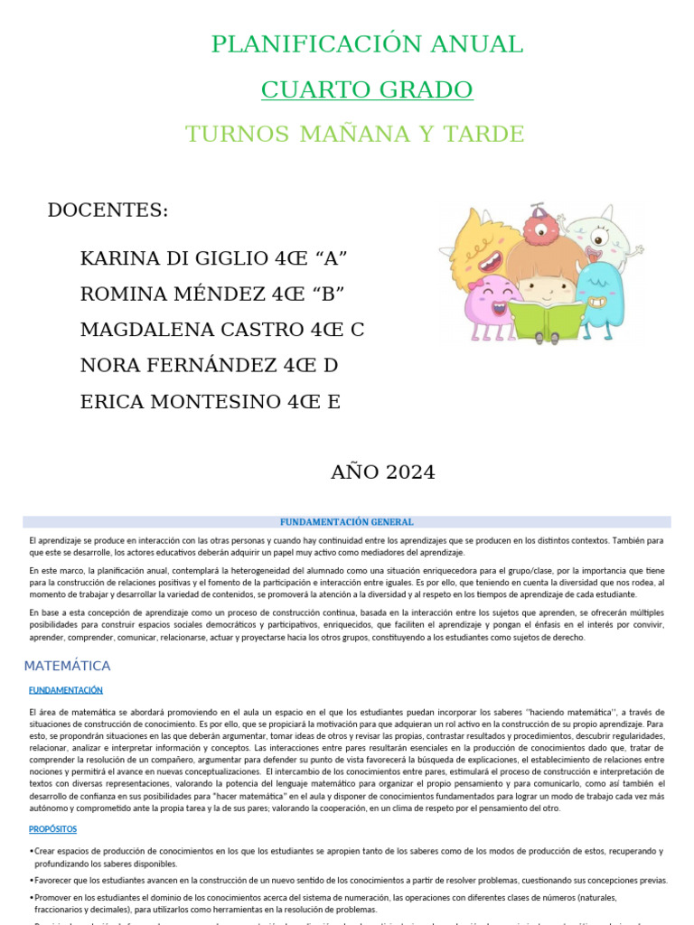 Planificación Anual 2024 Cuarto Grado | PDF | Palabra | Aprendizaje