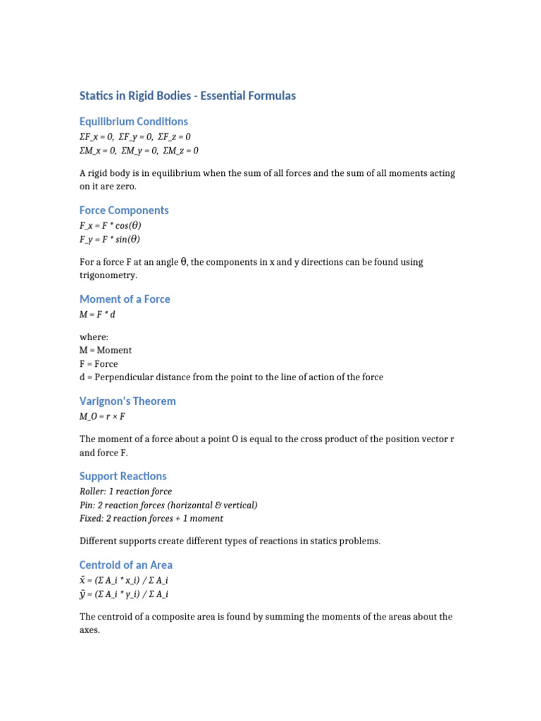 Essential Statics Formulas for Rigid Bodies | PDF