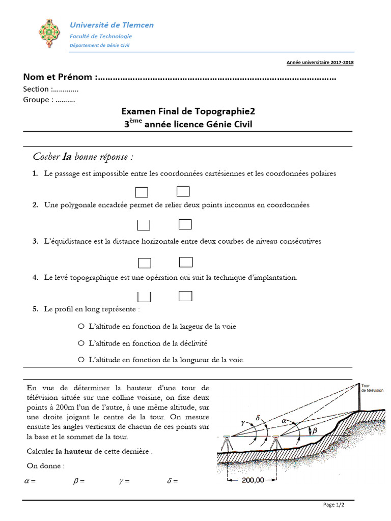 Examen Topographie 3ème Génie Civil | PDF | Sciences de la terre ...