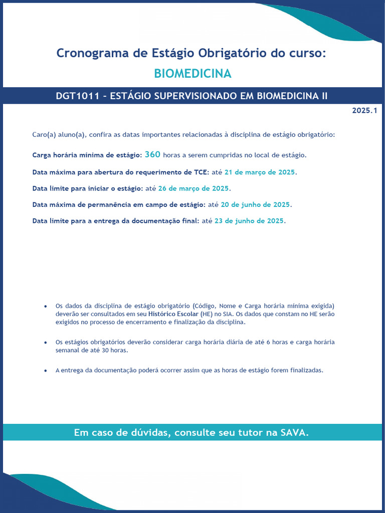 Cronograma de Estágio em Biomedicina | PDF