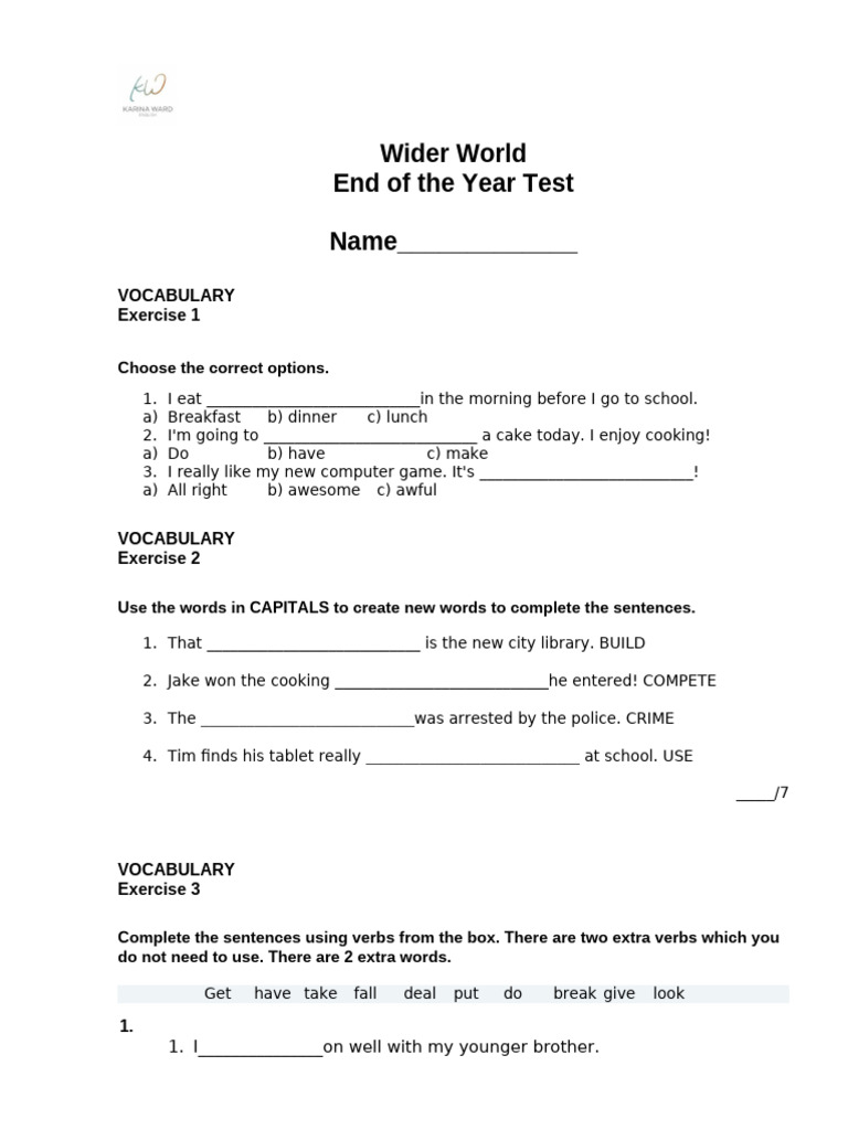 Wider World 4 End-of-Year Test | PDF