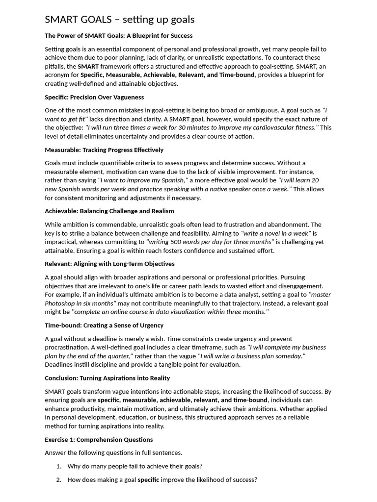 SMART GOALS - Text and Exercises | PDF | Goal | Goal Setting