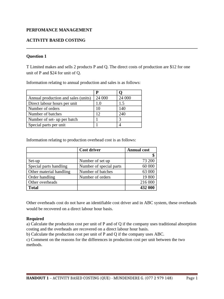 1 Activity Based Costing - Ques | PDF | Cost Of Goods Sold | Business ...