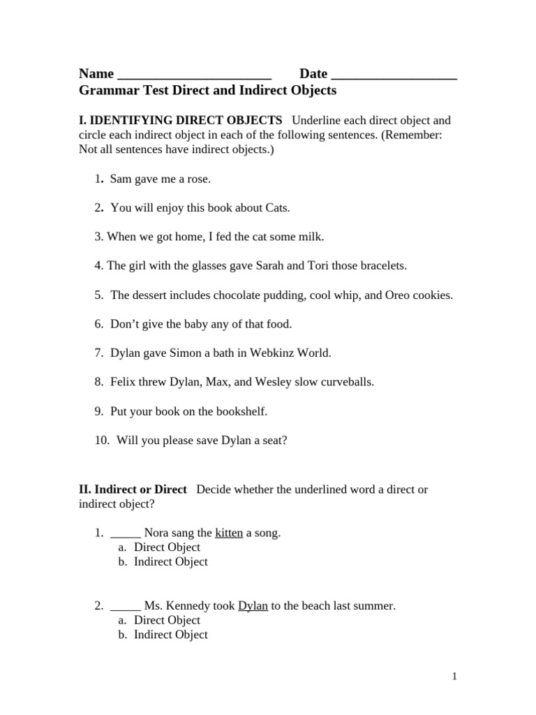 Direct and Indirect Objects Worksheet | PDF
