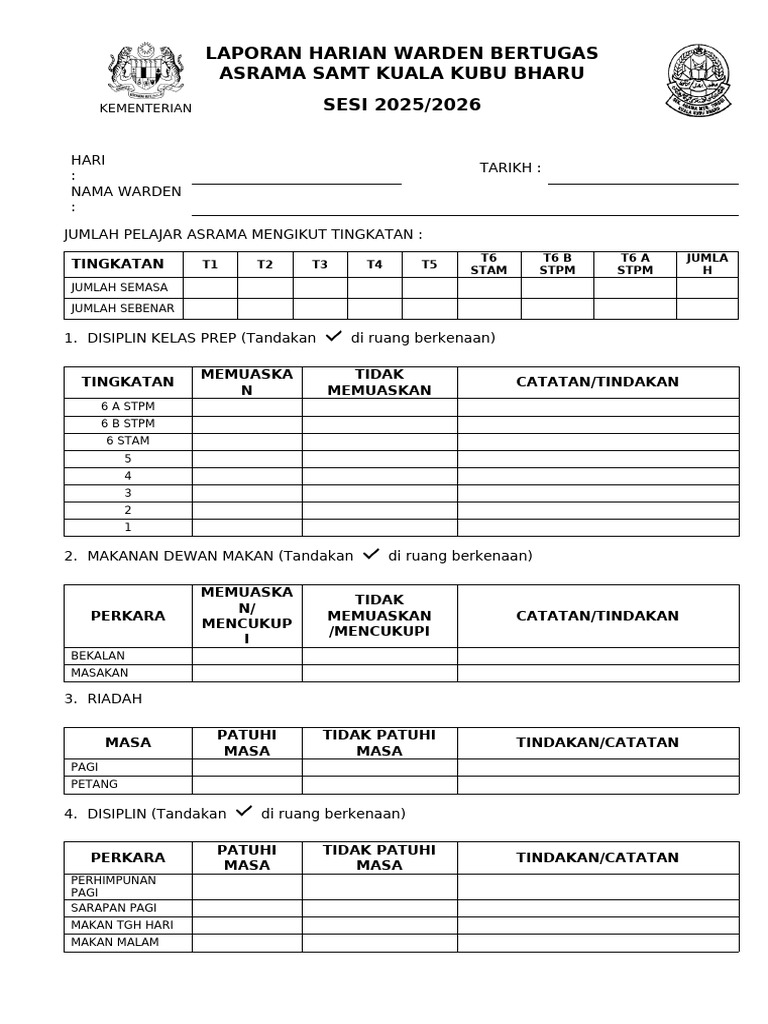 Laporan Harian Warden Asrama Pdf