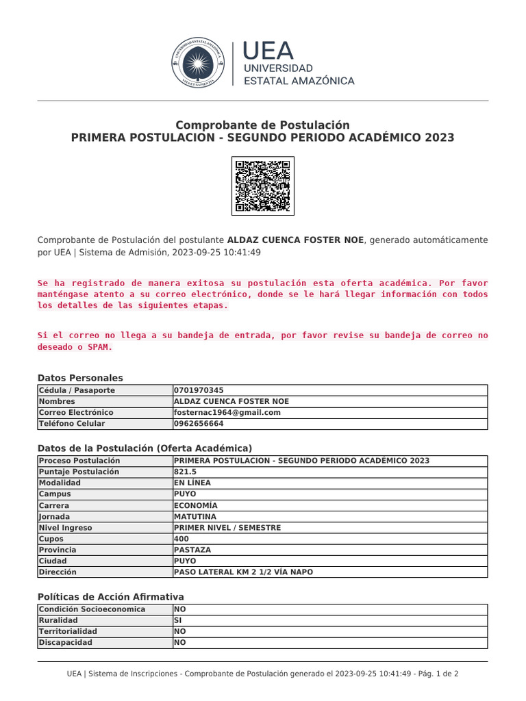 Comprobante de Postulación 2023 | PDF | Ecuador
