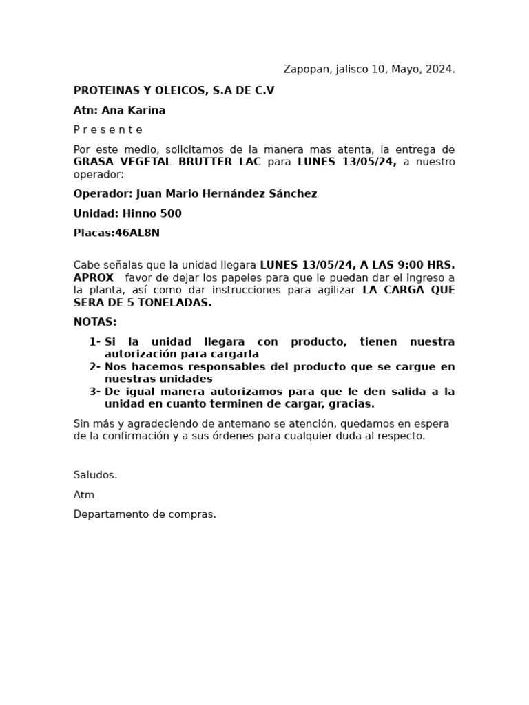 Solicitud de Grasa Vegetal para Carga | PDF