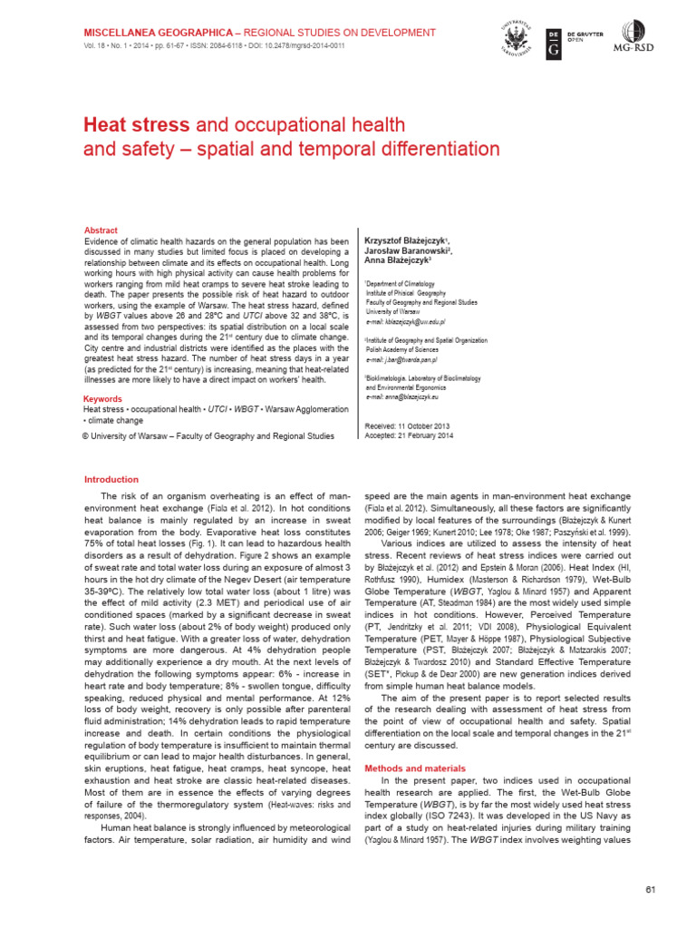 Heat Stress and Occupational Health Risks | PDF | Hyperthermia | Climate