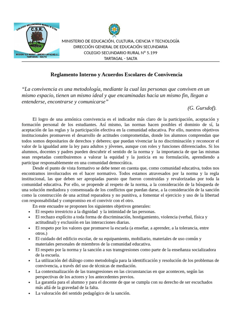 Reglamento Interno y Convivencia Escolar | PDF | Enseñando | Escuelas
