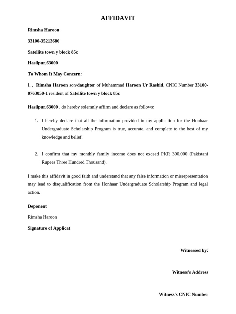 Honhaar Scholarship Affidavit 2025 | PDF