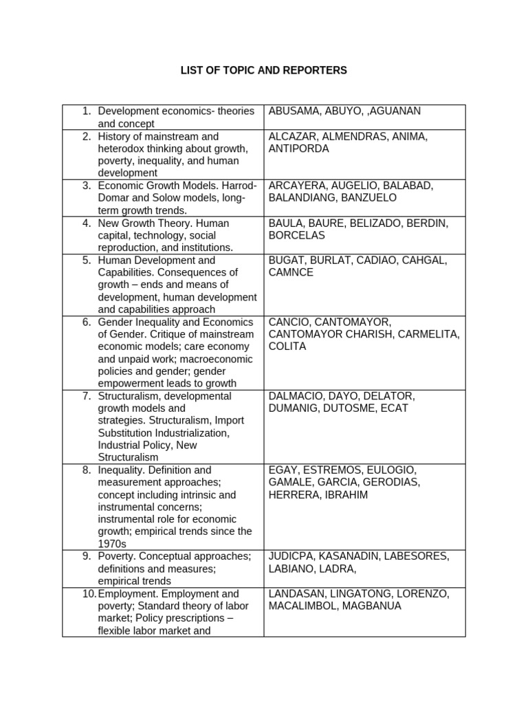 Economic Topics and Reporters List | PDF | Economics | Economic Growth